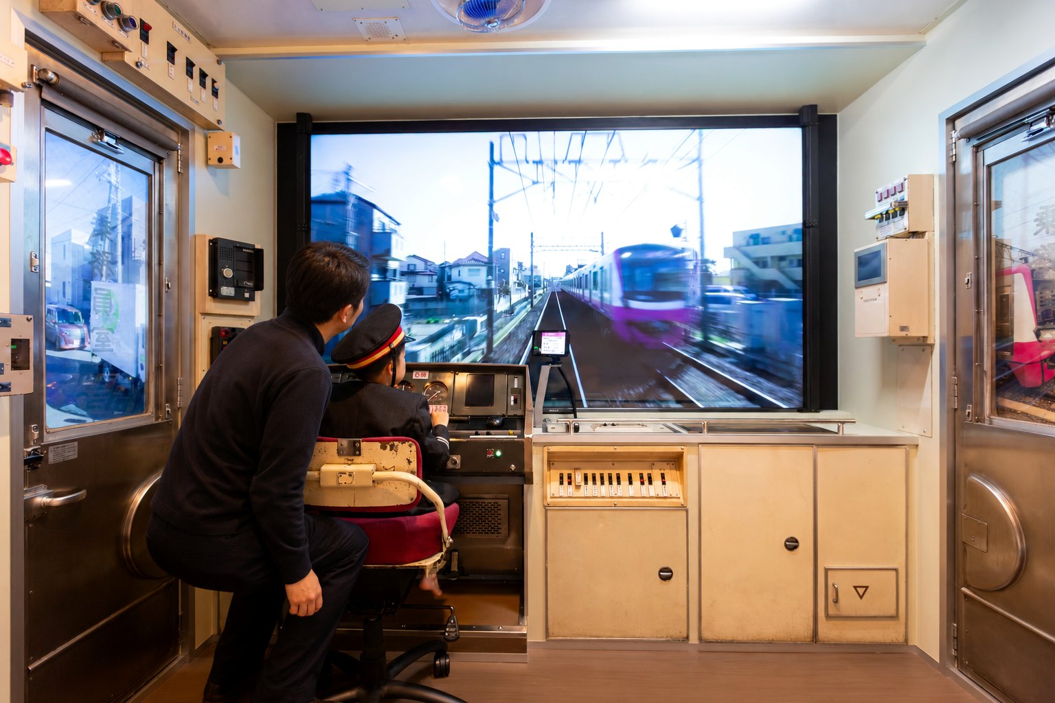 親子で新京成8800形の運転台体験を共有する写真風ビジュアル